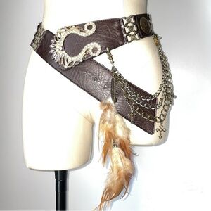 D.I.A Vintage Authentic Brown Leather Chain Belt with Feather Accent